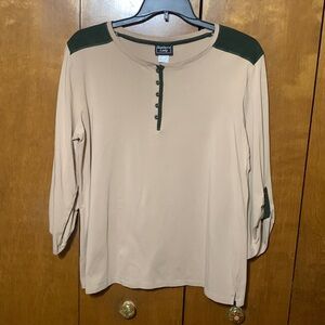SOUTHERN LADY- Beautiful Tan Shirt with Hunter Green Highlights (1X)